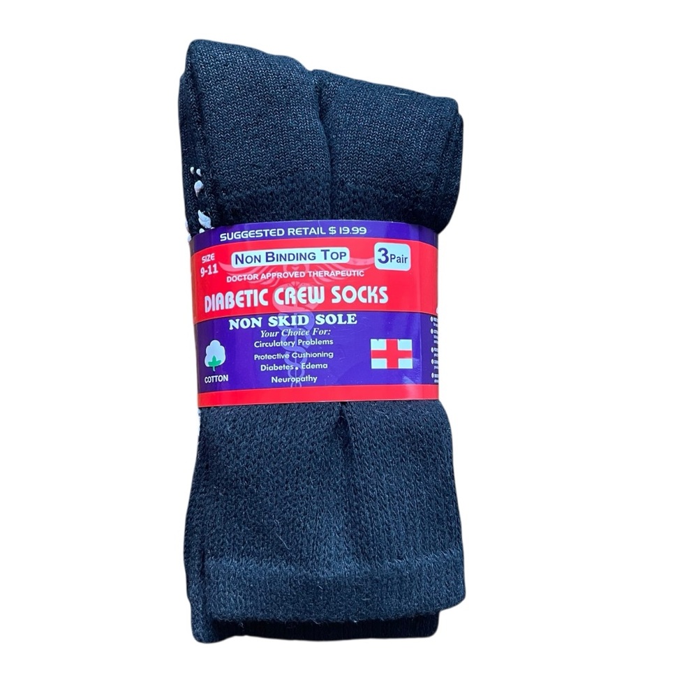 Diabetic Crew Socks Black Men’s Size 9-11 3 Pair Pack